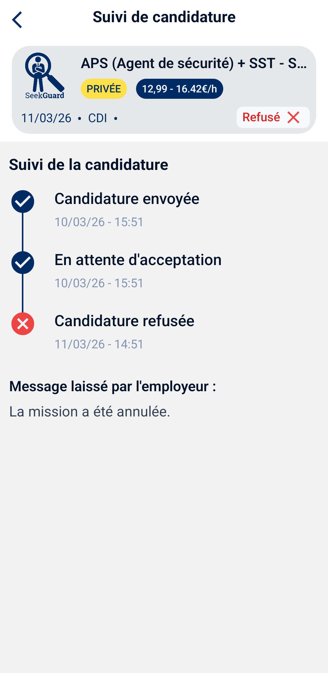 Écran de notification de l'application SeekGuard indiquant qu'une mission a été annulée par l'entreprise